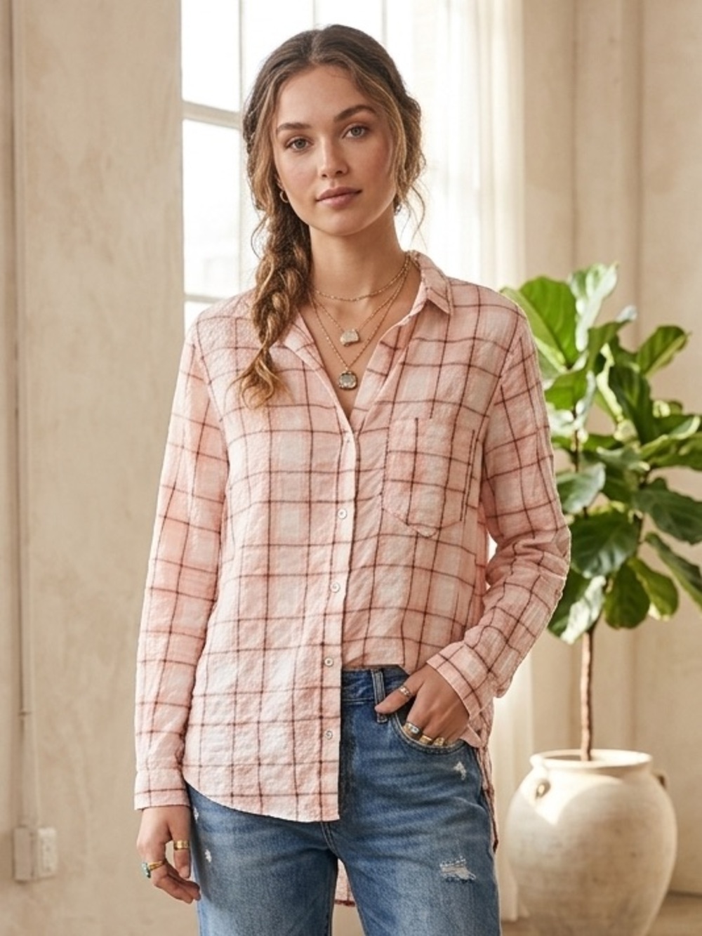 Bella Dahl Peach Plaid Button-Up Flowy Lightweight Blouse - Size M